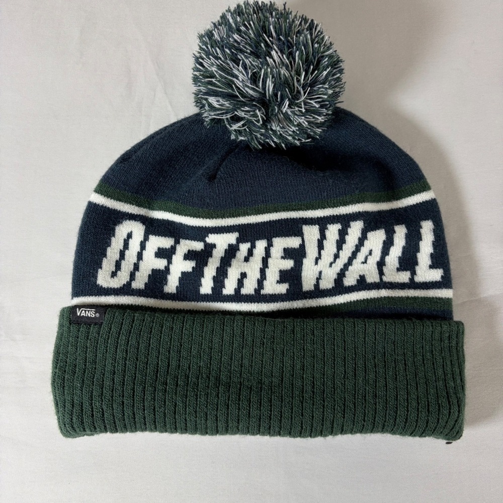 Vans Off The Wall Pom Beanie Navy Blue Green Striped Cuffed Knit Hat VN0A2YR7QG0